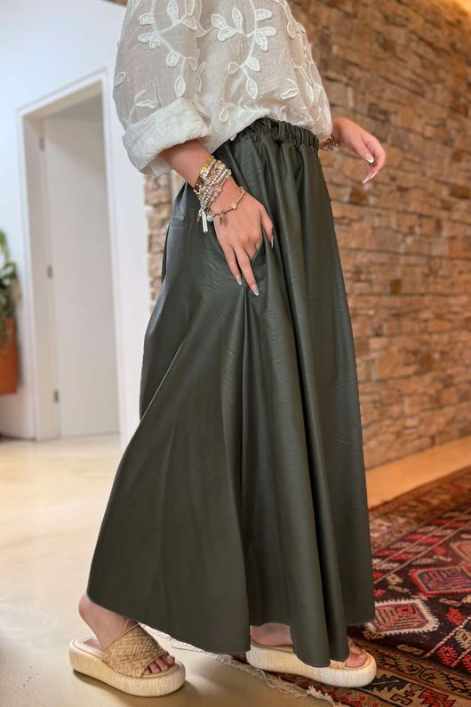 Made in Italy Runa Leather Look Skirt Khaki